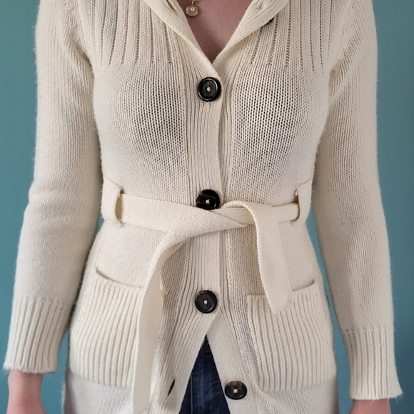 Cherokee Off White Long Cardigan Turdle Buttons Woven - Picture 2 of 7